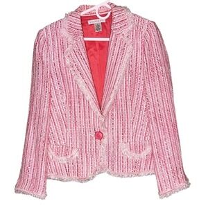Pursuits Ltd Pink White Striped Tweed Fringe Blazer Jacket Womens Size 12 Lined